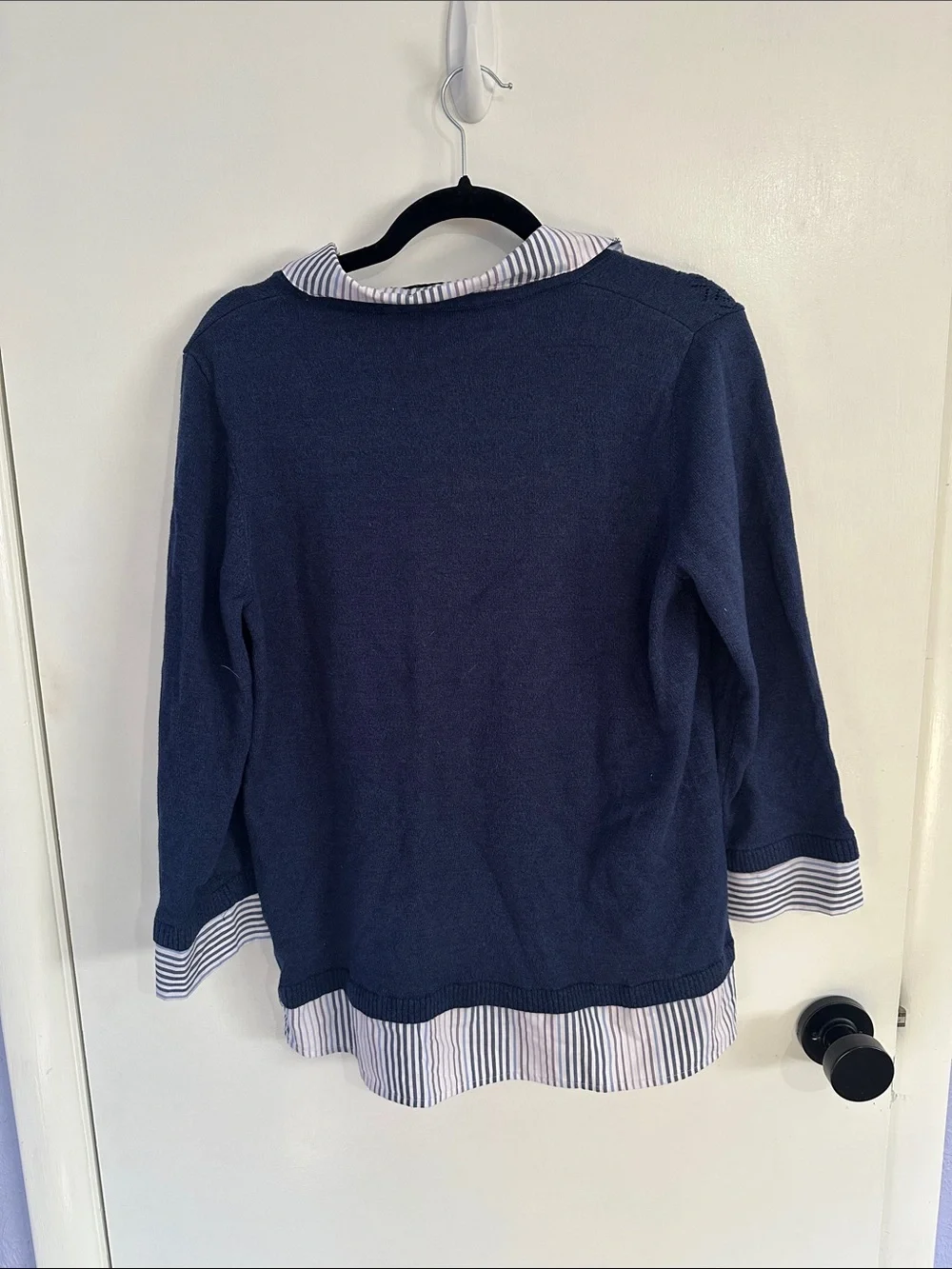 Alfred Dunner Navy Layered-Look Sweater with Striped Shirt Collar Size Medium